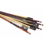 German nickel mounted violoncello bow stamped Paesold; also five nickel mounted violin bows (6)
