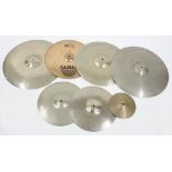 Seven various drum cymbals including a Zilket 20" Ride, a Zyn 20" Riveted Ride, a Ajax 18" riveted