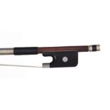 Nickel mounted violoncello bow stamped R & M. Millant á Paris, the stick octagonal, the ebony frog