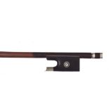 French nickel mounted violin bow stamped J. Pikadoulak, the stick round, the ebony frog inlaid