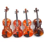 Karl Hofner contemporary violin, 14", 35.60cm; also three contemporary three-quarter size violins (