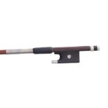 French Mirecourt nickel mounted violin bow, unstamped, the stick round, the ebony frog inlaid with