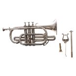 Thibouville-Lamy silver plated cornet stamped Hors Concours Paris, 1878-1889-1900, with music lyre