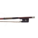 French nickel mounted violin bow by and stamped L. Morizot, the stick round, the ebony frog inlaid