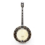 Very rare tenor banjo by and inscribed Guarnierius Luthier Receveur on mother of pearl inset plaques