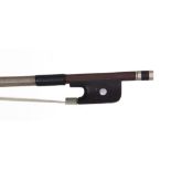 French nickel mounted violoncello bow, unstamped, the stick round, the ebony frog inlaid with