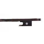 Interesting silver mounted violin bow, unstamped, the stick round, the ebony frog inlaid with