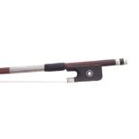 French nickel mounted violin bow by and stamped Roger Lotte, the stick round, the ebony frog