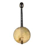Rare 1930s Selmer tenor banjo, made in France, with rosewood veneered birds eye maple ring,