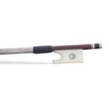 Silver mounted German violin bow, unstamped, the stick round, the ivory frog inlaid with silver