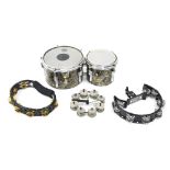 Vintage Premier 8" and 6" bongo drums; together with a Hat Trick Hi-Hat tambourine, a Meinl