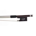 Silver mounted violin bow stamped Charotte-Millot, the stick round, the ebony frog inlaid with