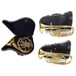 Carl Fischer brass French horn, case; also two Amati Kraslice brass marching horns, cased (all