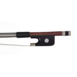 Nickel mounted violoncello bow stamped E. Boulangeot a Lyon, the stick round, the ebony frog