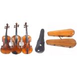 Three old full size violins, one branded Hopf below the button, one French and the other German;
