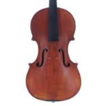 English violin circa 1900, the two piece back of faint medium curl with similar wood to the sides