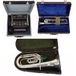 Old F. Besson 'Prototype' silver plated horn, cased; also a B & S Sonora trumpet, cased and a