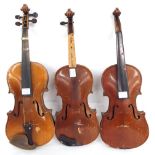 Three various three-quarter size violins in need of some restoration (3)