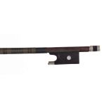 Nickel mounted violin bow, unstamped, the stick round, the ebony frog inlaid with pearl eyes and the