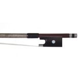 Interesting French silver mounted violin bow, unstamped, the stick round, the ebony frog inlaid with
