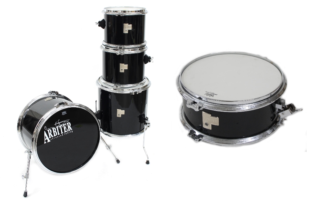 Arbiter Advanced Tuning five piece drum kit, piano black finish, comprising 20" kick drum, 16"