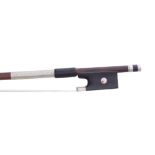 German silver mounted violin/viola bow by and stamped H.R. Pfretzschner, the stick round, the