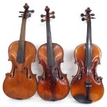 Two full size violins in need of restoration labelled John Woulhave and another labelled André