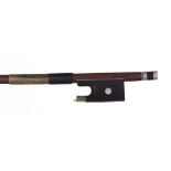 Nickel mounted violin bow stamped J. Hel á Lille, the stick round, the ebony frog inlaid with