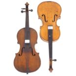 Two early 20th century French three-quarter size violins in need of restoration (2)