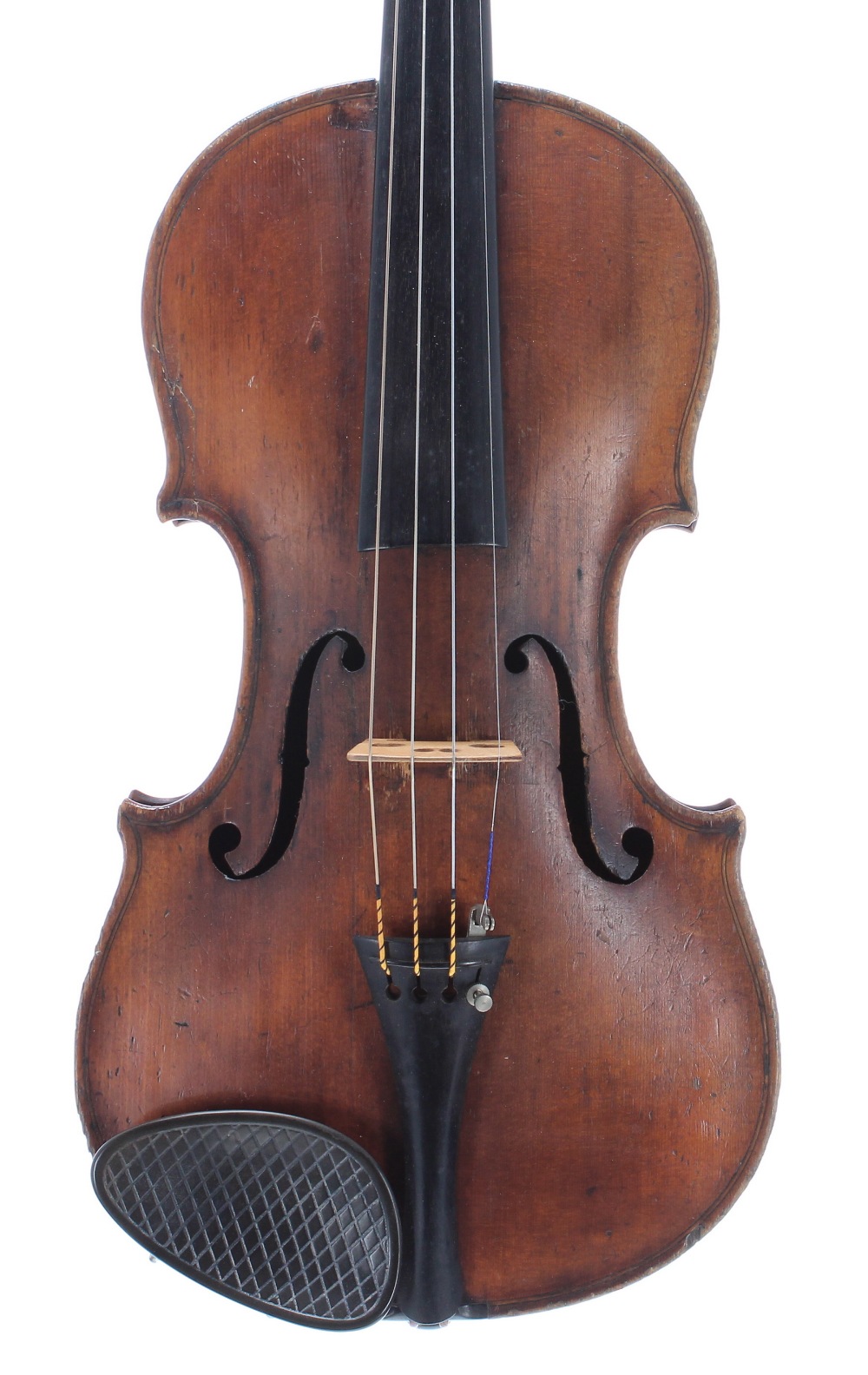 English violin of the Furber School, unlabelled, the one piece back of plainish wood with broad curl