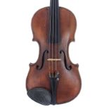 English violin of the Furber School, unlabelled, the one piece back of plainish wood with broad curl