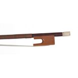 Antique baroque bow, unstamped, the stick round, the boxwood frog plain and with a bone adjuster,