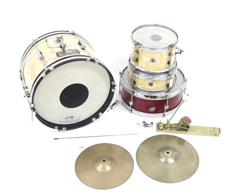 Vintage child's three piece drum kit comprising kick drum, tom, snare, kick pedal and two cymbals;