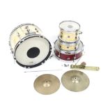 Vintage child's three piece drum kit comprising kick drum, tom, snare, kick pedal and two cymbals;
