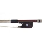 French nickel mounted violoncello bow, unstamped, the stick round, the ebony frog inlaid with