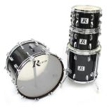 1970s Rogers four piece drum kit, made in USA, piano black finish comprising 22" kick drum, 16"