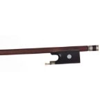 Nickel mounted violin bow stamped Caressa & Francais, the stick octagonal, the ebony frog inlaid