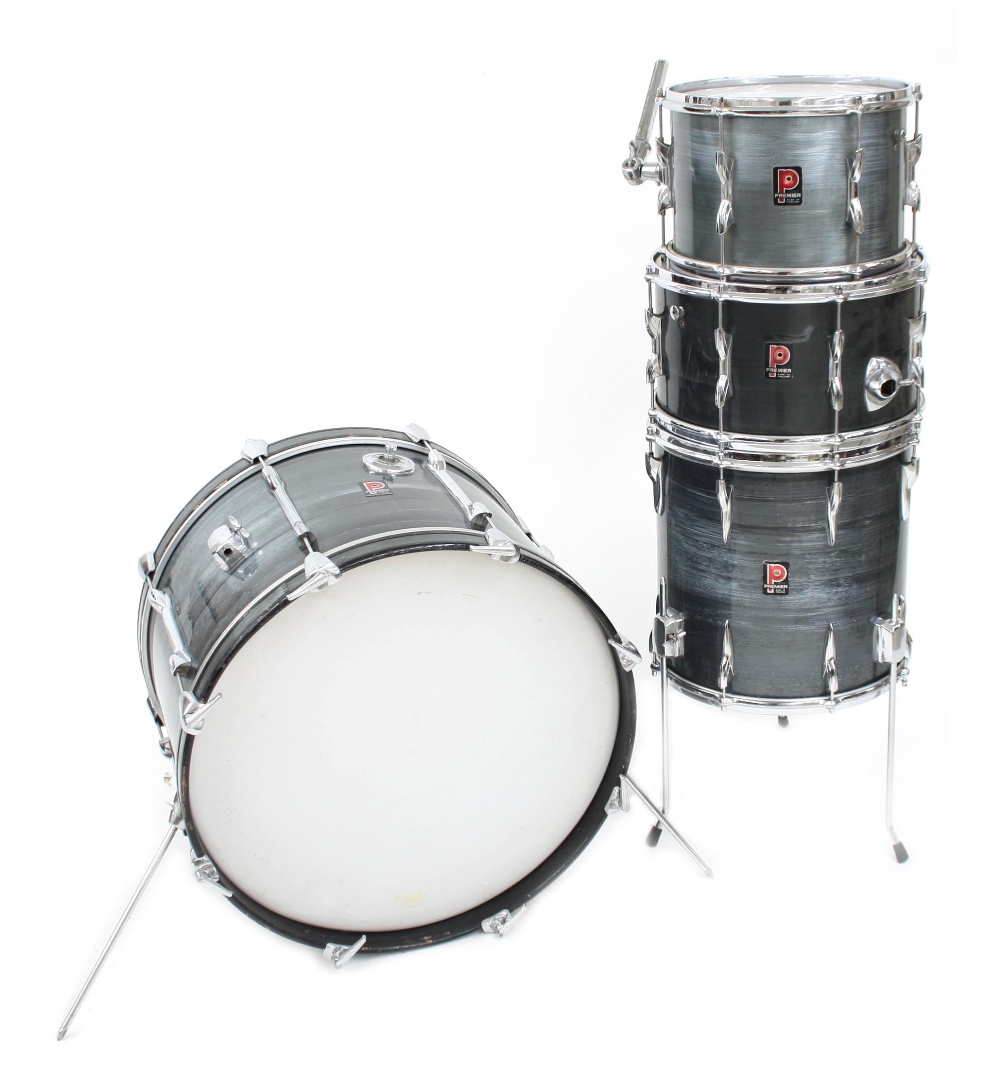 1970s Premier four piece drum kit, grey shimmer finish, comprising 22" kick drum, 14" floor tom, 14"