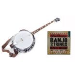 Fender (crafted in China no. CD13111897) tenor banjo with brown stained maple resonator, geometric