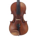 Good late 19th century violin, unlabelled, 14 3/16", 36cm, bow