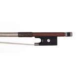 Nickel mounted violin bow stamped J. Martin, the stick round, the ebony frog inlaid with pearl