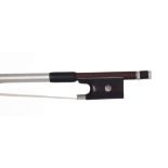Silver mounted violin bow stamped Lupot, the stick round, the ebony frog inlaid with pearl eyes