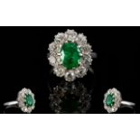 18ct White Gold Diamond & Emerald Cluste