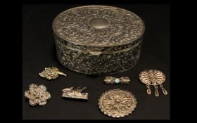 A Good Collection Of Vintage Silver And Mixed Metal Filigree Brooches Housed in ornate foliate