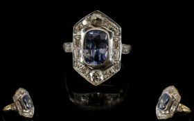 Art Deco Period Stunning 18ct Gold Diamond and Sapphire Set Dress Ring of Excellent Form,