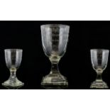 An 18th Century German Glass Goblet Etched bowl with square base, polished pontil,
