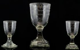 An 18th Century German Glass Goblet Etched bowl with square base, polished pontil,