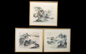 Three Framed Oriental Ink And Wash Landscapes Each depicting traditional landscape scenes in