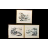 Three Framed Oriental Ink And Wash Landscapes Each depicting traditional landscape scenes in