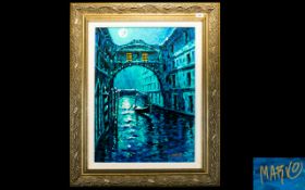 Marko Mavrovich, Blue Moon Over Venice, Giclee In Colour On Canvas With Hand Embellishment, Signed